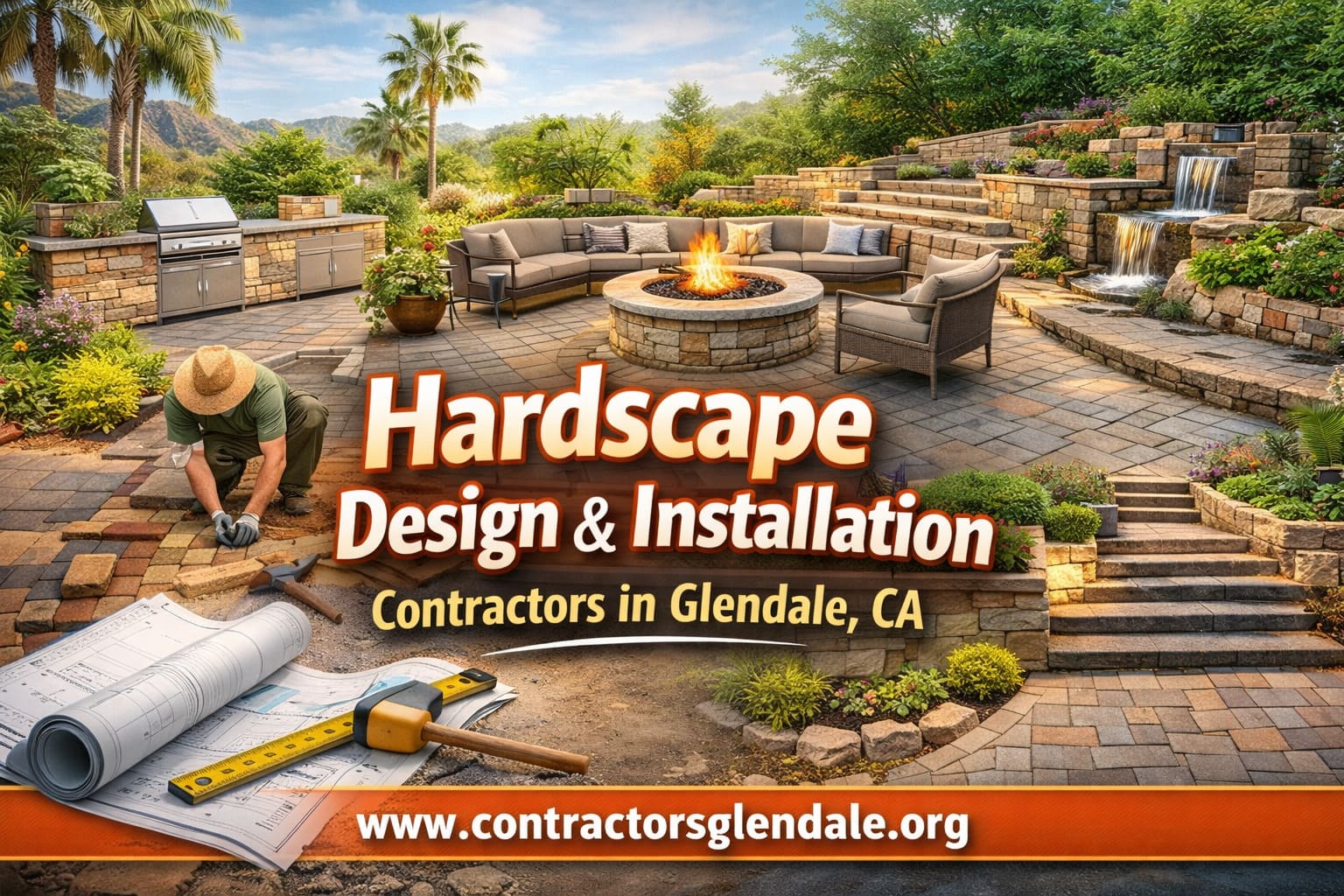 Custom hardscape patio with fire pit and seating walls in Glendale backyard